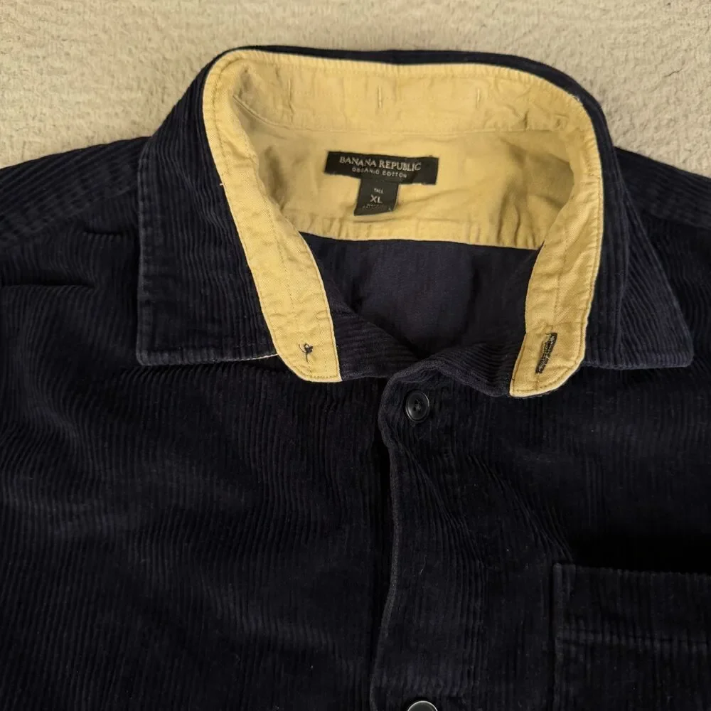 BANANA REPUBLIC Corduroy Shirt Mens XLT Blue Wide Whale Button Organic Cotton